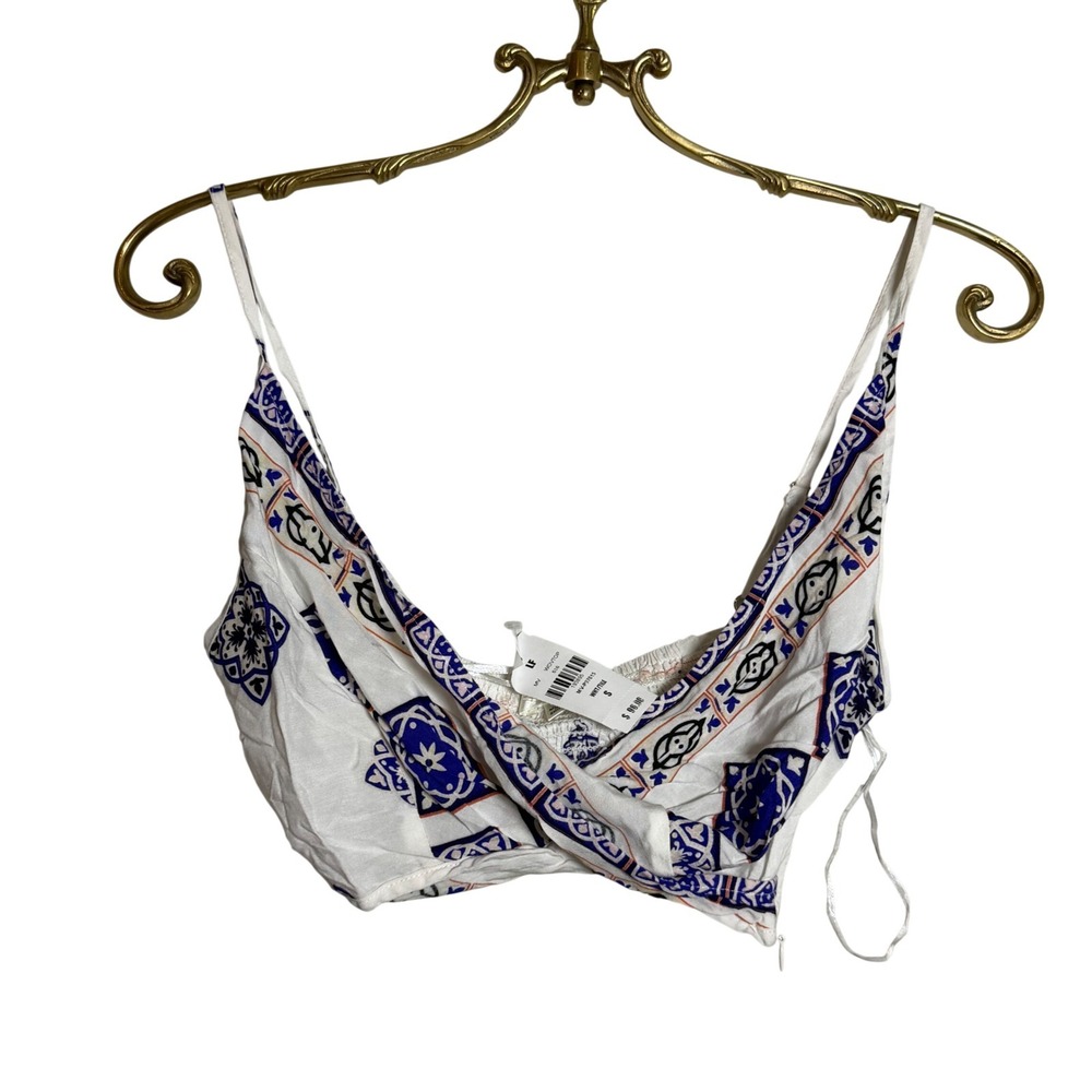 Into‎ LF Store Mediterranean Tile Print Boho Crop Top White Blue S MV-P37615 NEW